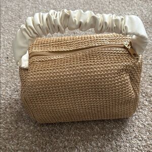 Elegant Tan Woven Handbag with Cream Handle